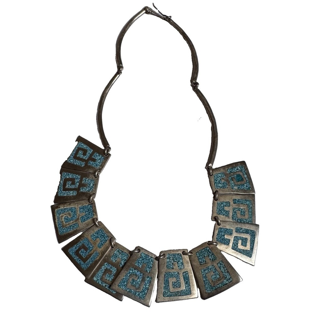 Vintage Mexico Alpaca Necklace Collar Turquoise Color inlaid Silver